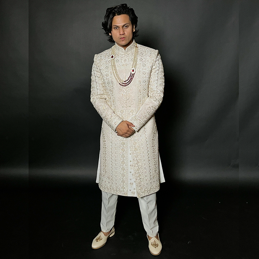 Latest White Designer Groom Sherwani Set With Handwork