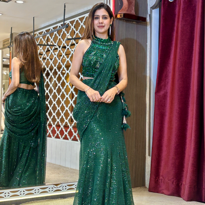 Emerald Green Sequin Embellished Designer Drape Saree with Halter Neck Blouse