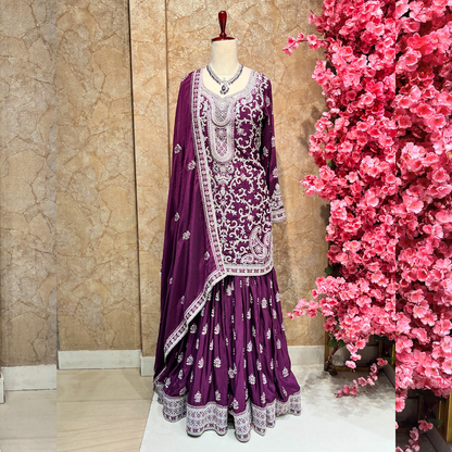 New Exclusive Dark Purple Color Embroidered Work Sharara Suit