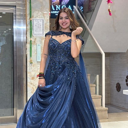 Navy Blue Sequin Embellished Designer Gown with Draped Skirt and Sheer Dupatta