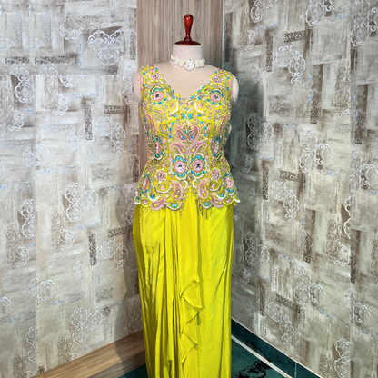 Floral Design Sharara Suit Set with Shrug Greenish Yellow Colour.