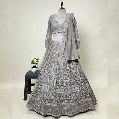 New Wedding Wear Grey Embroidery Work Net Lehenga Choli