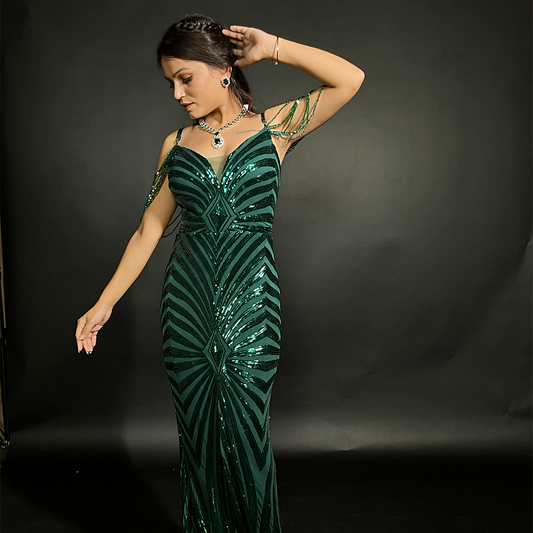 New Green Sequins Mermaid Long Evening Dress