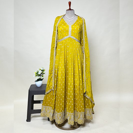 New Mustard Zari and Sequins work Designer Floor Length Anarkali Suit