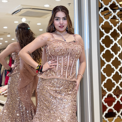 Champagne Beige Heavy Sequins and Beads Embroidered Design Lehenga