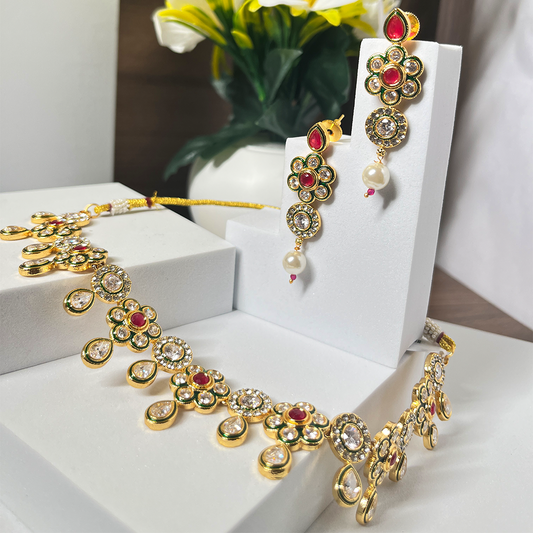 New Floral Ruby Kundan Gold-Plated Jewellery Set