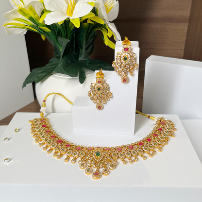 New Gold tone ruby-emerald-white mango necklace set