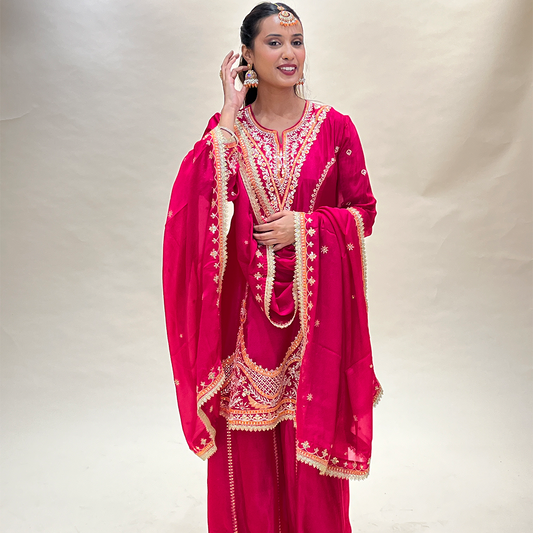 Fashionable Rani Color Embroidered Chinon Fabric Palazzo Suit