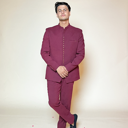 New Jacquard Wine Tone Color Jodhpuri Suit Set