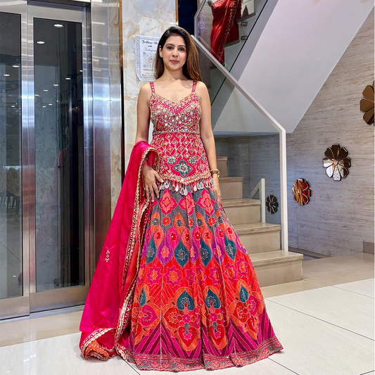 Multi-Colored Crepe Silk Hand Embroidered With Mirror Work Lehenga Set