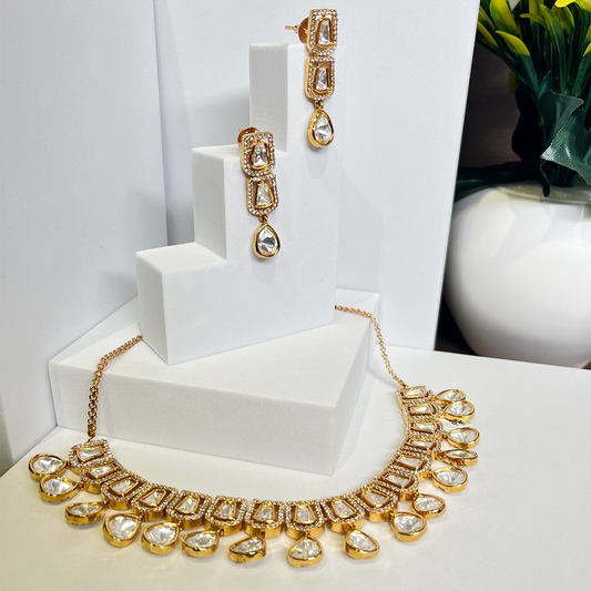 New Gold Plated White Stones Studded Necklace and Earrings Set