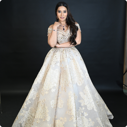 Gold Luxury Off-Shoulder Embellished Ball Gown with Floral Lace Appliqué