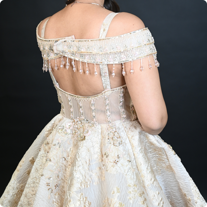 Gold Luxury Off-Shoulder Embellished Ball Gown with Floral Lace Appliqué