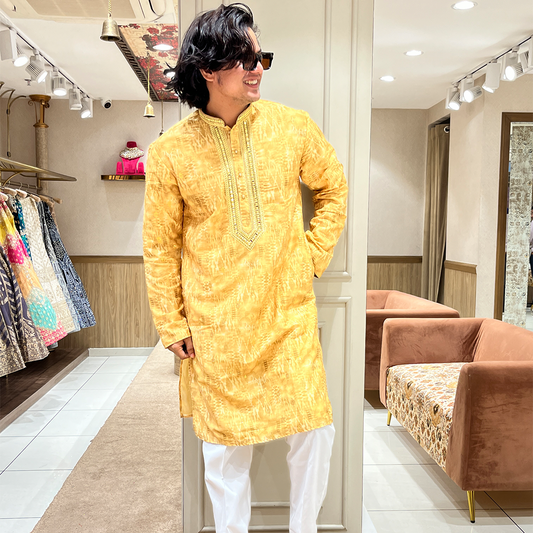 New Honey Yellow Embroidered Bling Mirror Work Kurta Set