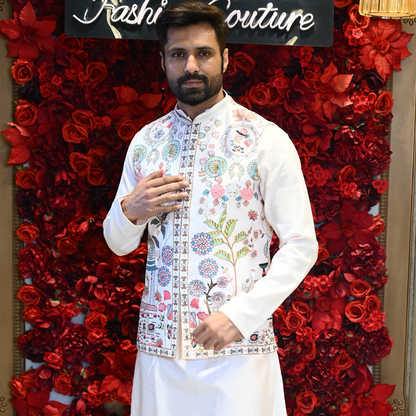 Men Floral Embroidered Regular Sequinned Kurta with Trousers & With Koti