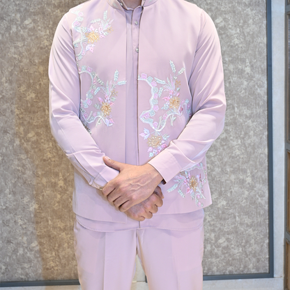 Elegant Pink Linen Front Open Kurta Koti Set Set Men in Viscose Silk