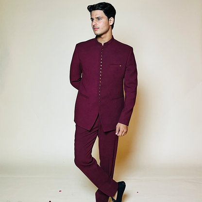 New Jacquard Wine Tone Color Jodhpuri Suit Set