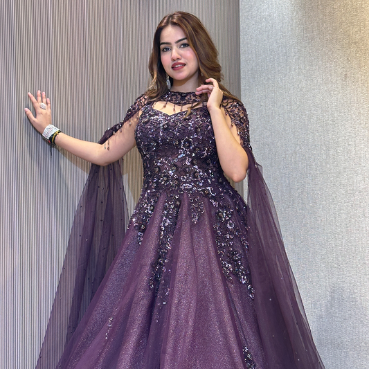 Plum Purple Sequin Embellished Designer Ball Gown with Sheer Cape Sleeves