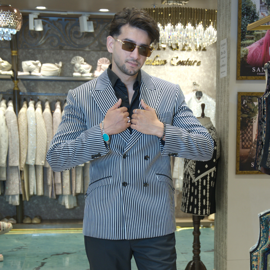 Men's Stripe Suit Designer Double Breasted Buttons Suit Coat