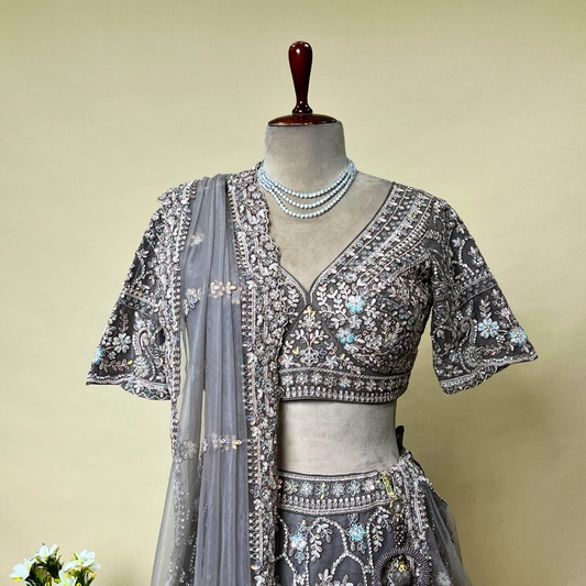 Exquisite Grey Embroidered Designer Lehenga with Handwork Blouse and Net Dupatta