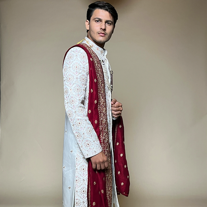 White Raw Silk Embroidered Thread Work Designer Sherwani Set