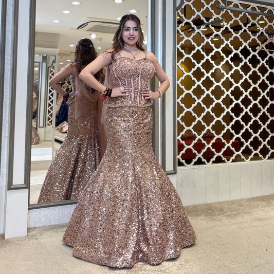 Champagne Beige Heavy Sequins and Beads Embroidered Design Lehenga