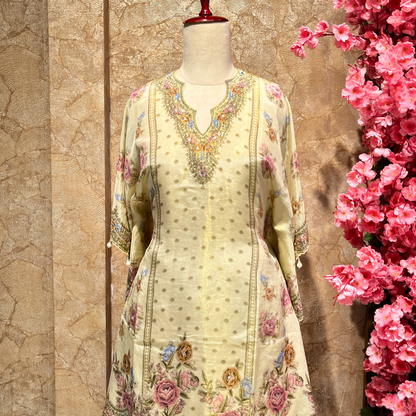 Sangam Cream Printed Kaftan Sharara Suit