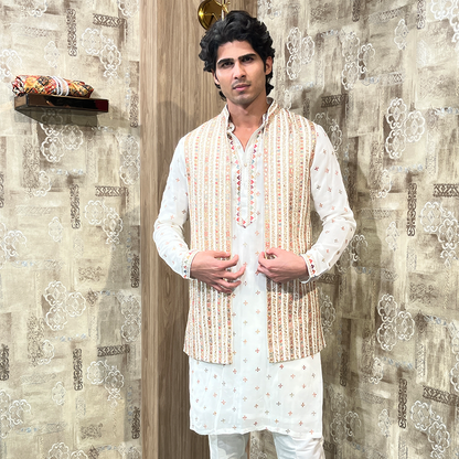 Off White Raw Silk With Mirror Work Embroidery Kurta Set with Jacket