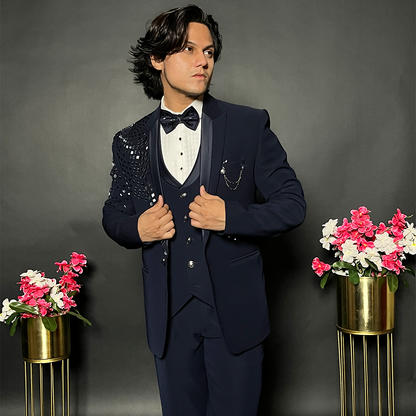 New Navy blue suit with stylish sequence lapel and bow