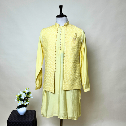 New Lemon Men Party Wear Kurta Set with Embellished Nehru Jacket