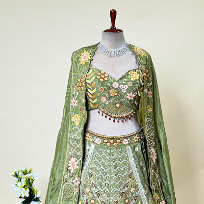 Buy Olive Green Lehenga Choli With Multi Colored Hand Embroidered Floral Choli