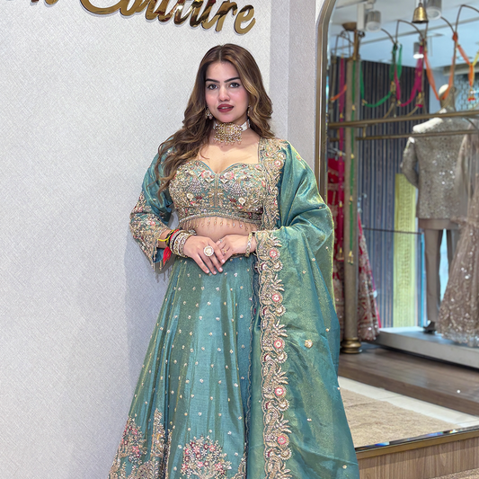 New Green Tissue Silk Designer Lehenga with Heavy Cutdana Heavy Embroidery Work