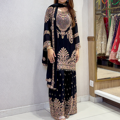 Black Designer Sharara Suit with Intricate Multicolor Embroidery and Dupatta