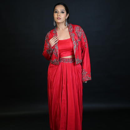 Red Indo Western Skirt Set With Cut Dana Work And Embroidered Cape