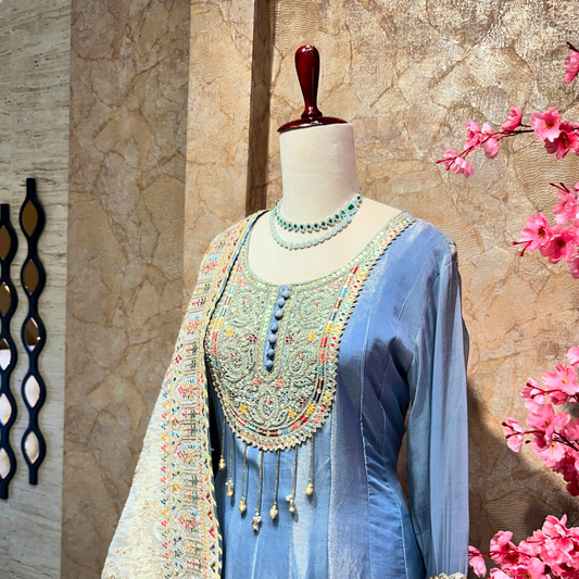 Attractive Blue Suit Set with Contrast Cream Dupatta