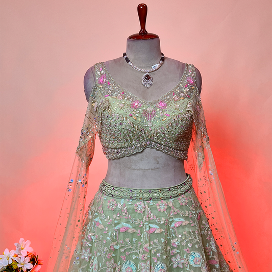 Pastel Green Lehenga Set With Sequins Work Paired Blouse And Dupatta