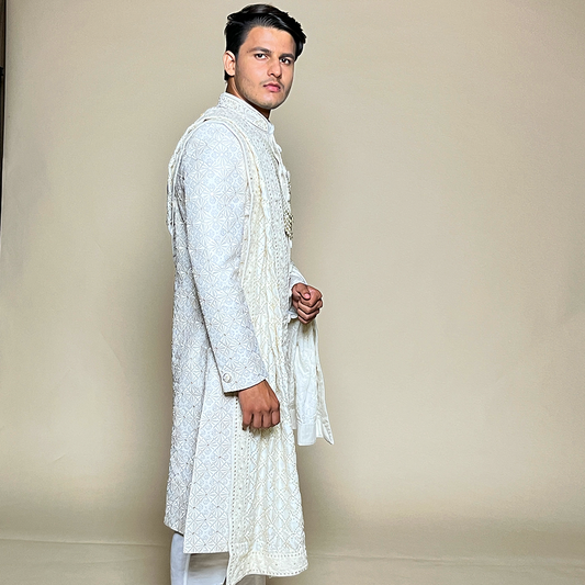 New Ivory Silk Embroidered Chikankari Floral Sherwani Set