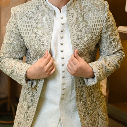 New Pista Green Embroidered Indo-Western for Men