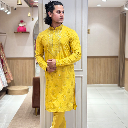 Golden Yellow Embroidered Mirror Work Regular Kurta With Churidar