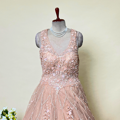 Designer Function Wear Peach Colour Net Fabric Hand Embroidered Gown