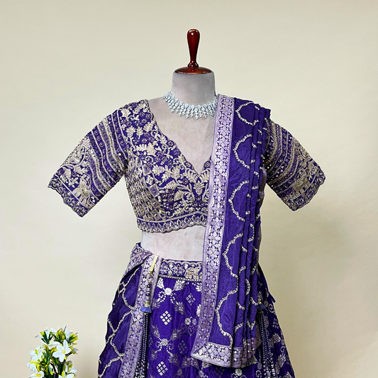 Deep Purple colored silk printed lehenga choli