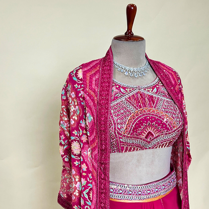 Magenta Pink Croptop Sharara Set with Shrug