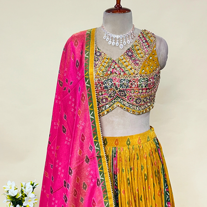 Yellow Multi Colour Crepe Fabric Croptop Lehenga