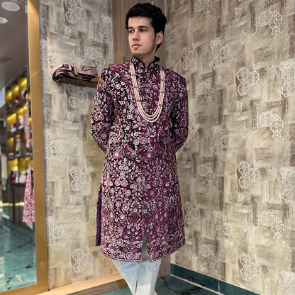 New Wine Micro Velvet Handwork Embroidered Sherwani Set