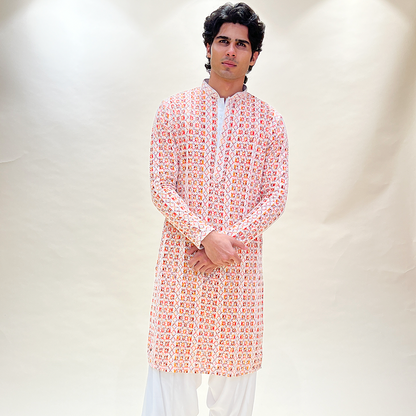 Men Pink Ethnic Chikankari Designer Kurta With Patiala set