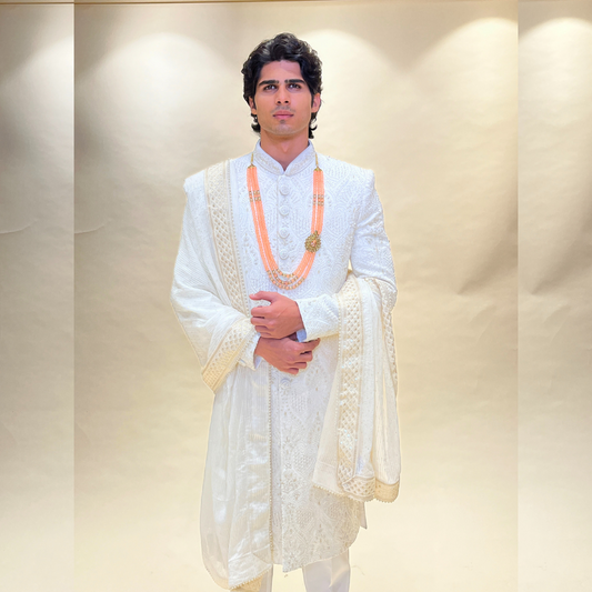 Cream Raw Silk Sherwani with stunning handwork embroidery 🌟