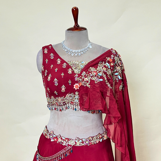 Dark Red Color Designer Hand Worked Croptop Lehenga With Attached Dupatta