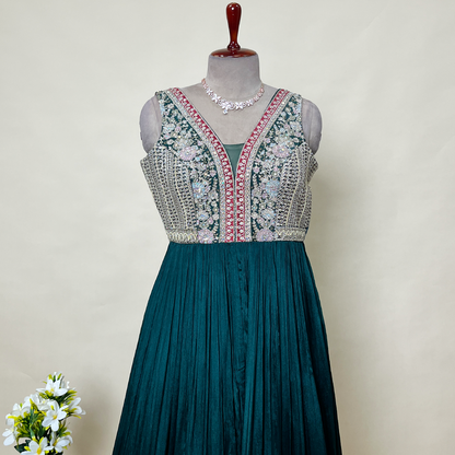 New Green Embroidered Georgette Blend Gown With Handwork