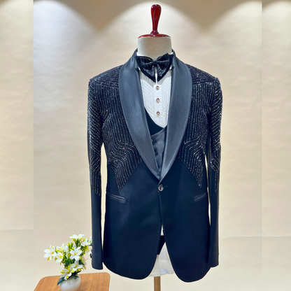 The exquisite black Cutdana Embroidered Italian tuxedo suit