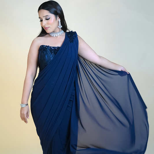 Navy Blue Pre Stitched Draped Saree Gown Set with a Hand Embroidered Set
